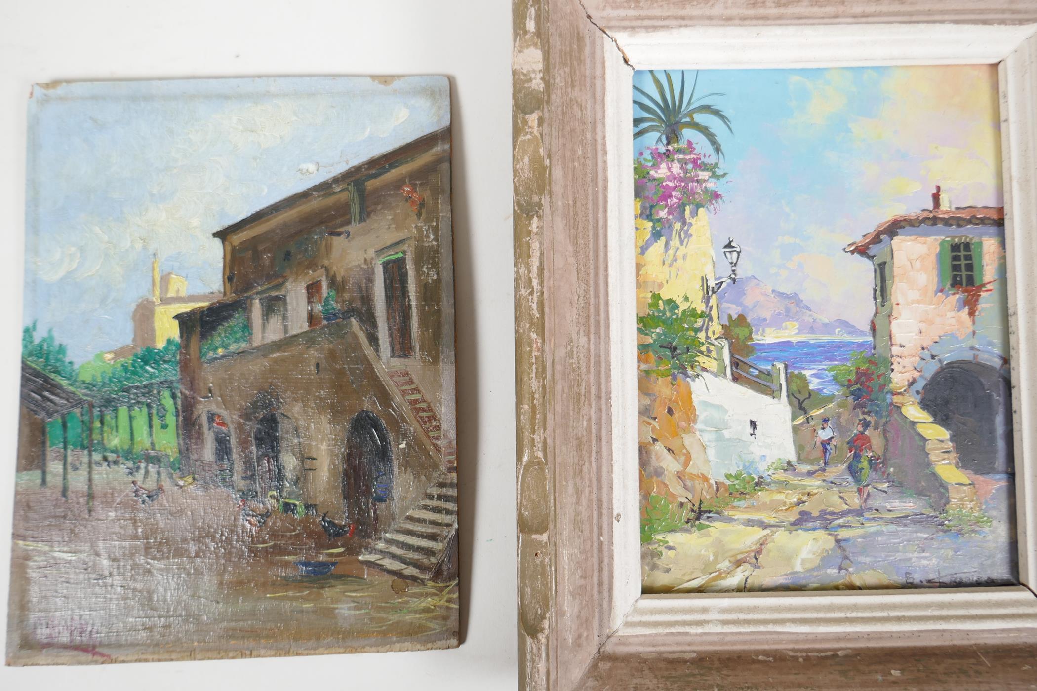 A Mediterranean coastal village, oil on board, 7 x 8½" and another of a quiet street with