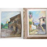 A Mediterranean coastal village, oil on board, 7 x 8½" and another of a quiet street with