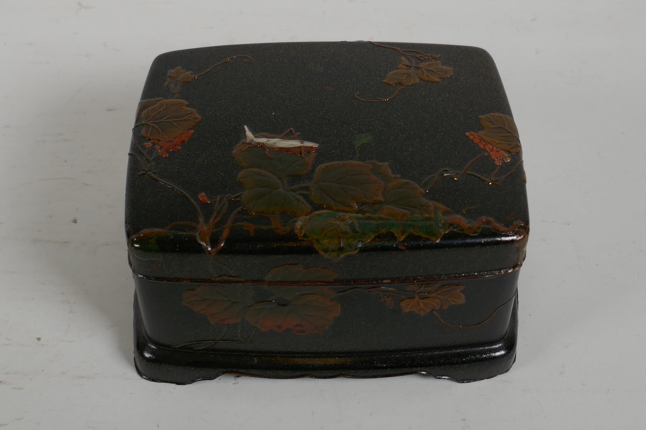 A Japanese Meiji period lacquer box with shibayama inlaid insect decoration, repaired, 6½" x 5" - Image 2 of 4