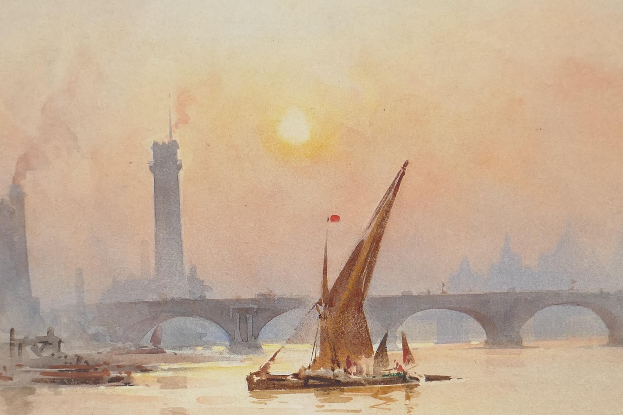 A Thames scene with sailing barge and the old London Bridge and St Pauls in the background, - Image 2 of 4