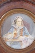 A C19th miniature portrait of a lace maker in elaborate dress, 2½" diameter