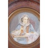 A C19th miniature portrait of a lace maker in elaborate dress, 2½" diameter