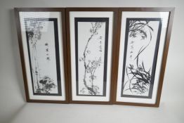 A set of three Chinese black & white pictures of leaves and blossoms, signed with calligraphy and