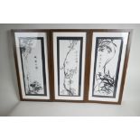 A set of three Chinese black & white pictures of leaves and blossoms, signed with calligraphy and