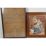 A woolwork of a woman & two children, 8" x 10½", together with a C19th needlework sampler