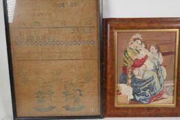 A woolwork of a woman & two children, 8" x 10½", together with a C19th needlework sampler