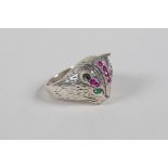 A 925 silver ring in the form of a cat's head, set with semi precious stones, size N/O