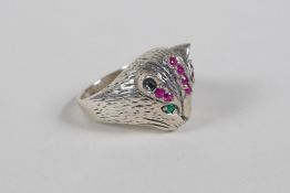 A 925 silver ring in the form of a cat's head, set with semi precious stones, size N/O