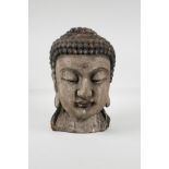 A Chinese carved & painted wood bust of Buddha, 9½" high