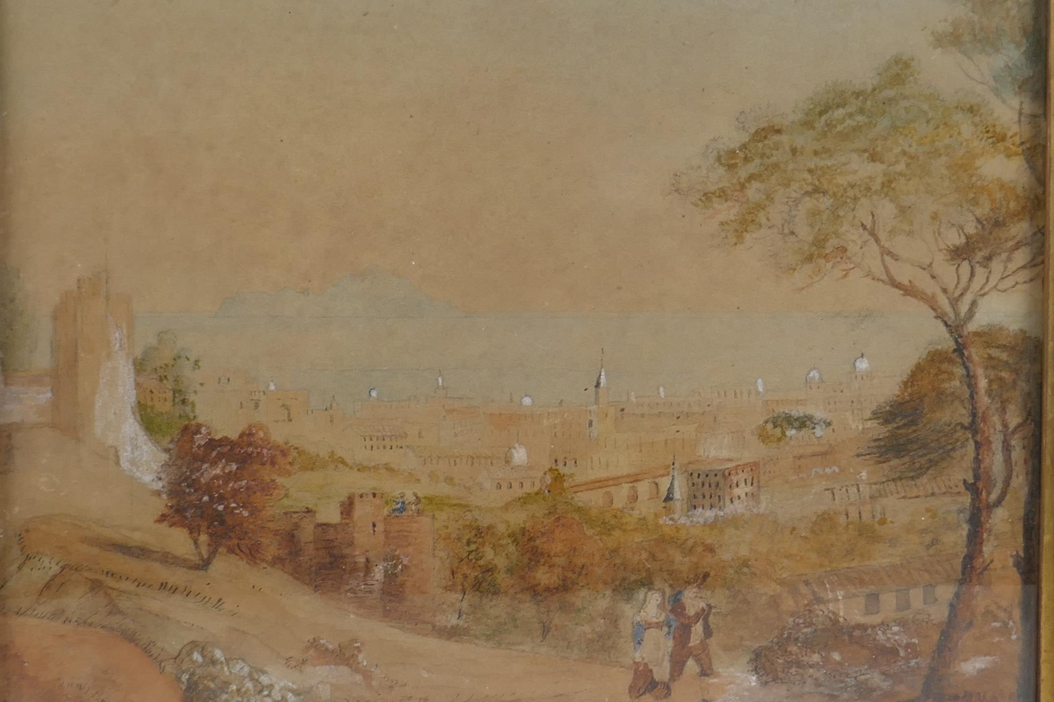 A C19th naive continental city scene with the sea beyond, in a birdseye maple frame, watercolour,