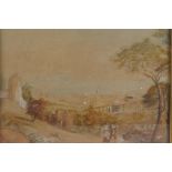 A C19th naive continental city scene with the sea beyond, in a birdseye maple frame, watercolour,