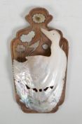 A Japanese Mother of Pearl and hardwood wall pocket in the form of a duck, 10"