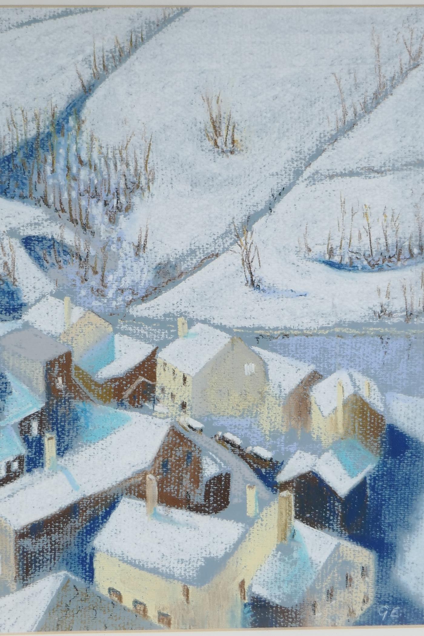 Gordon Elsey, Pyrenean village of Valcebollere, view over a snowy village, pastel, 10" x 14"