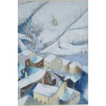 Gordon Elsey, Pyrenean village of Valcebollere, view over a snowy village, pastel, 10" x 14"