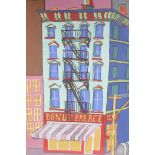 American School, mixed media painting, street scene,  indistinctly signed on label verso, 25" x 16"