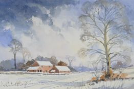 Frank Halliday, snow covered rural landscape, with farm buildings, signed watercolour, 21" x 14"