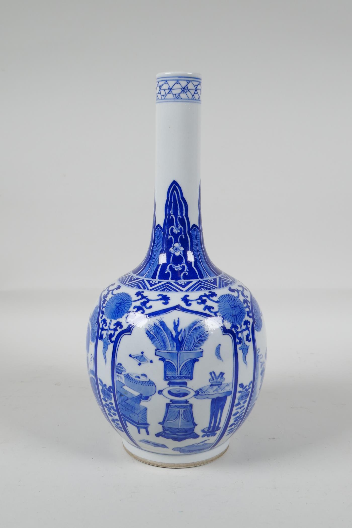 A blue & white porcelain bottle vase with decorative panels, depicting objects of virtue & kylin, - Image 3 of 5