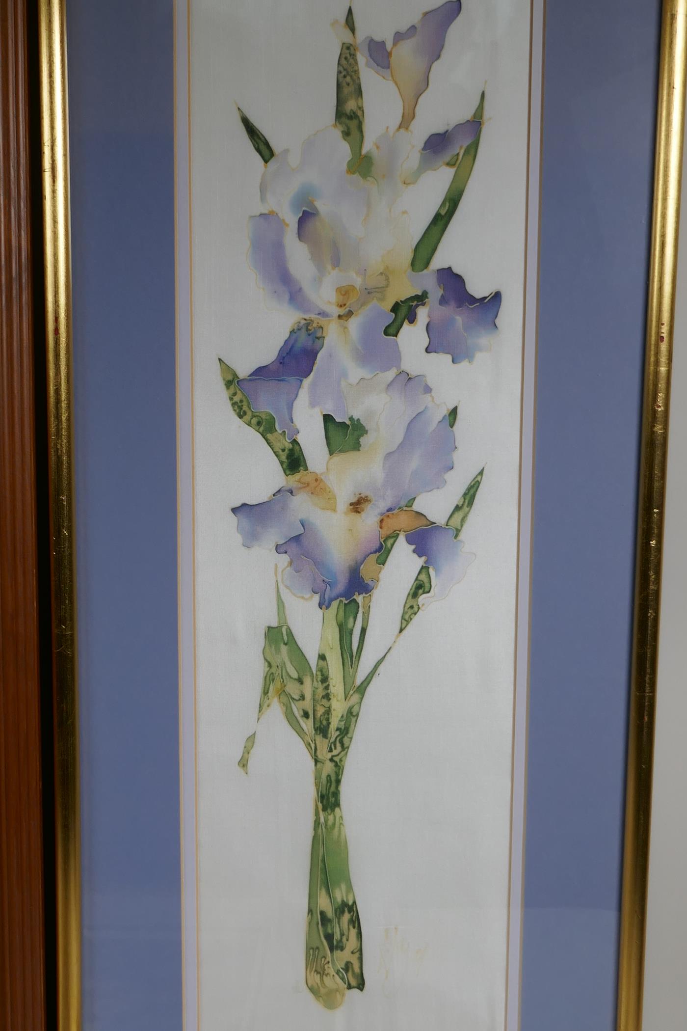 A mixed media painting on silk, Irises, signed, together with a McDonald limited edition print, ' - Image 4 of 7