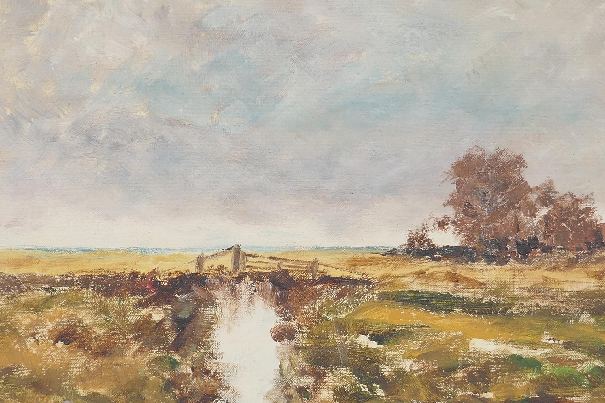 A landscape with wooden bridge by a stream, indistinctly signed, oil on canvas, 10" x 14"