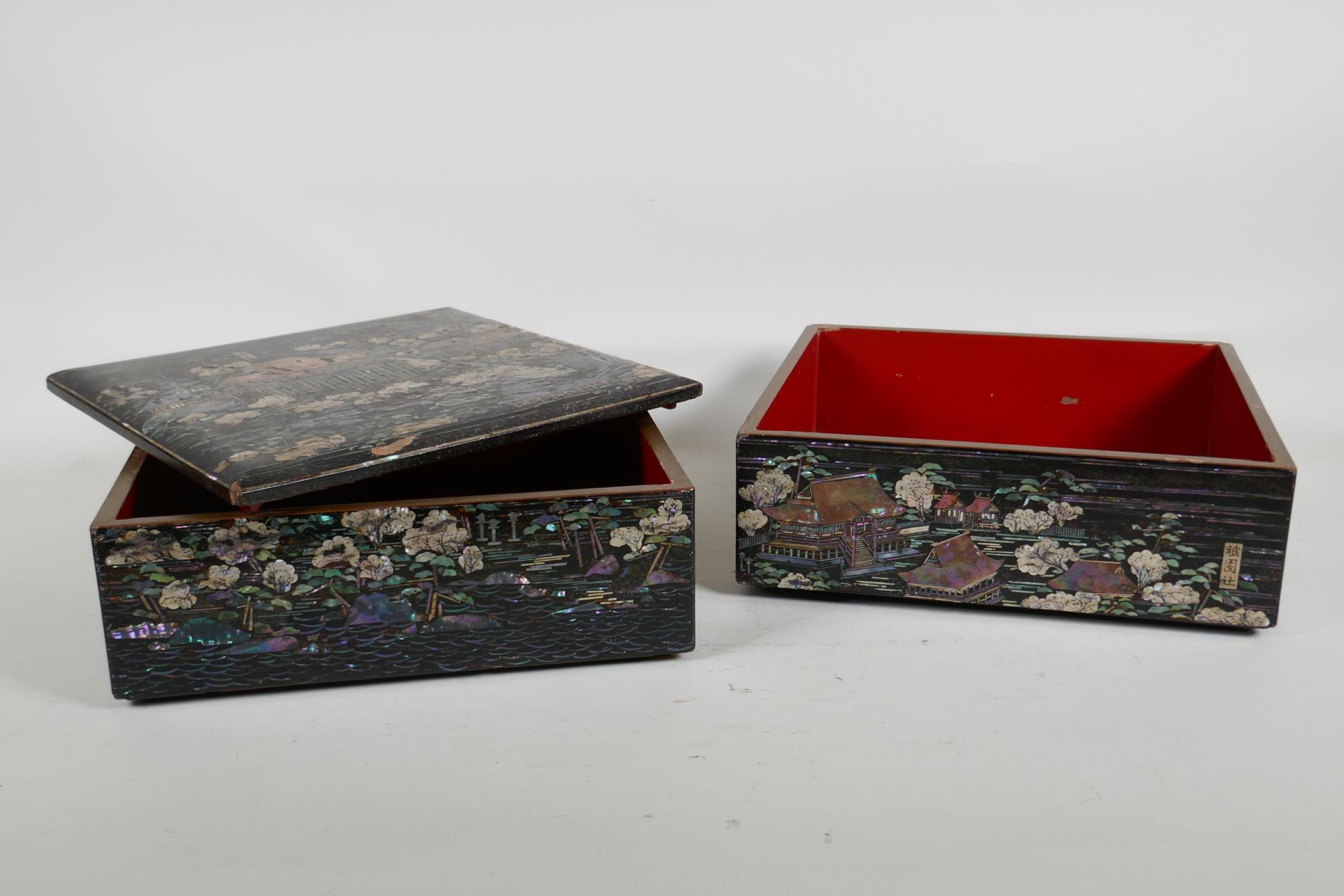 A Japanese Mother of Pearl inlaid black lacquer multi layer box, decorated with views of riverside - Image 6 of 6