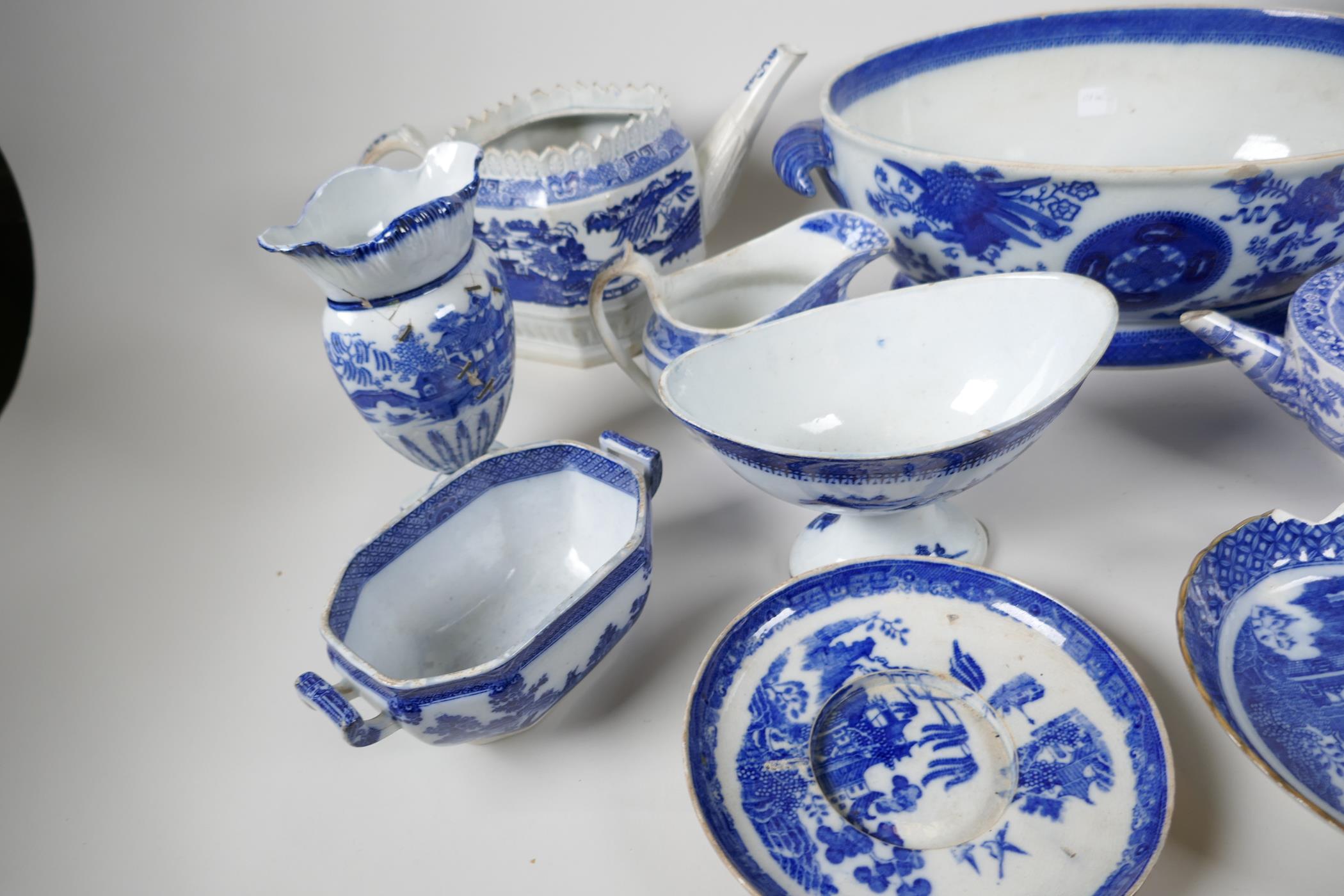 A collection of early C19th blue & white china, including pearlware teapot, Coalport jug, etc. A/F - Image 7 of 7