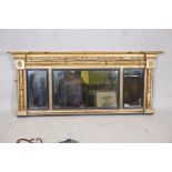 A Regency giltwood triple overmantel mirror, with ebonised reeded slips, 54" x 4½" x 23" high