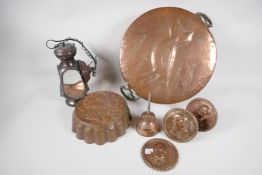 Decorative copperwares to include a pan cover embossed with an owl, 12½" diameter, a jelly mould,