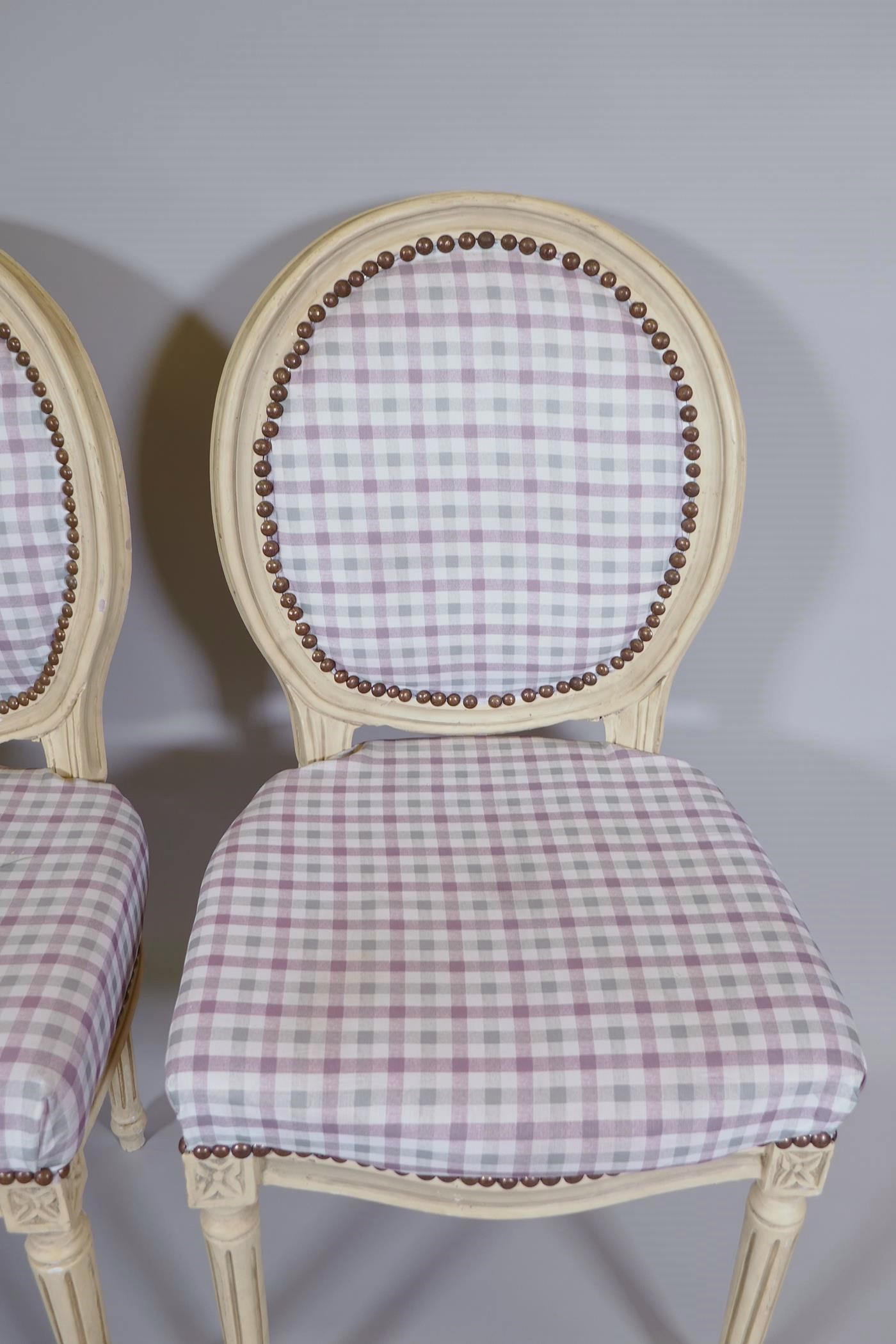 A pair of Victorian style balloon back chars with painted frames and Gingham upholstery - Image 2 of 2