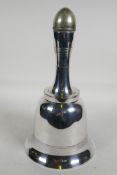 A silver plated cocktail shaker in the form of a handbell, (dented), 11" high