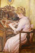 M.L. Breakell, woman at a writing desk, oil on canvas, signed, 6" x 9"