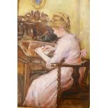 M.L. Breakell, woman at a writing desk, oil on canvas, signed, 6" x 9"