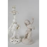 A Stephenson & Hancock white glazed porcelain candlestick, modelled as a young boy & beehive by a