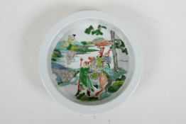 A Chinese Kangxi style famille vert porcelain dish, decorated with travellers in a landscape, 4