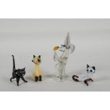 Three miniature glass cats & a rabbit, largest 3½" high