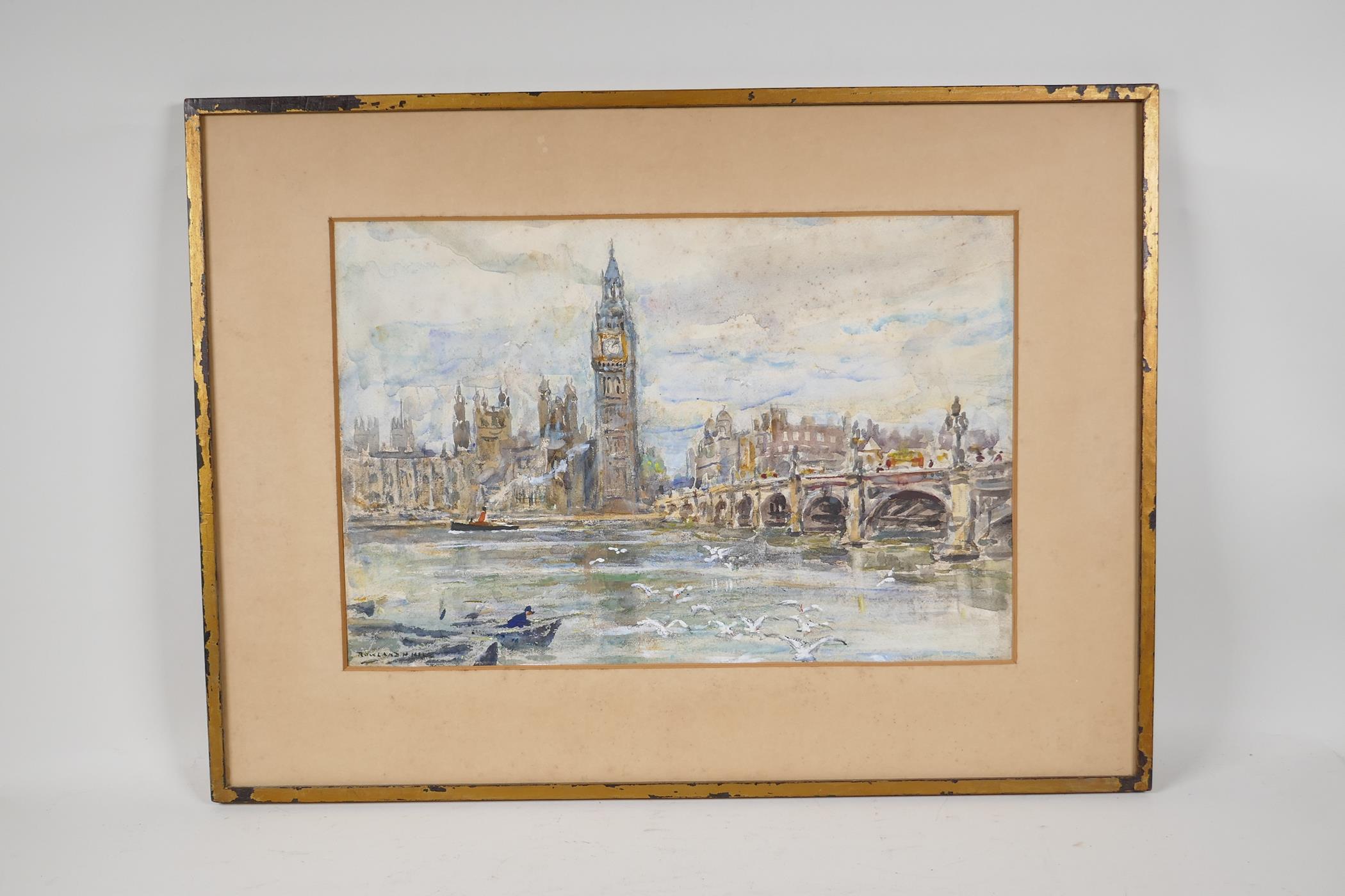 Rowland N. Hill, The Thames at Westminster, signed, watercolour and gouache, " 10½" x 15½" - Image 3 of 5