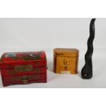 A carved hardwood pipe in the form of a cobra, 10" long, and a Chinese wooden tea caddy and