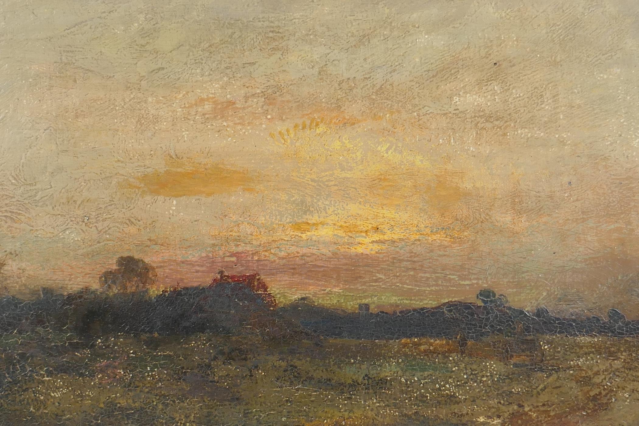 Leopold Rivers, (attributed on frame), rural landscape at dusk, C19th oil on panel, 12" x 8"