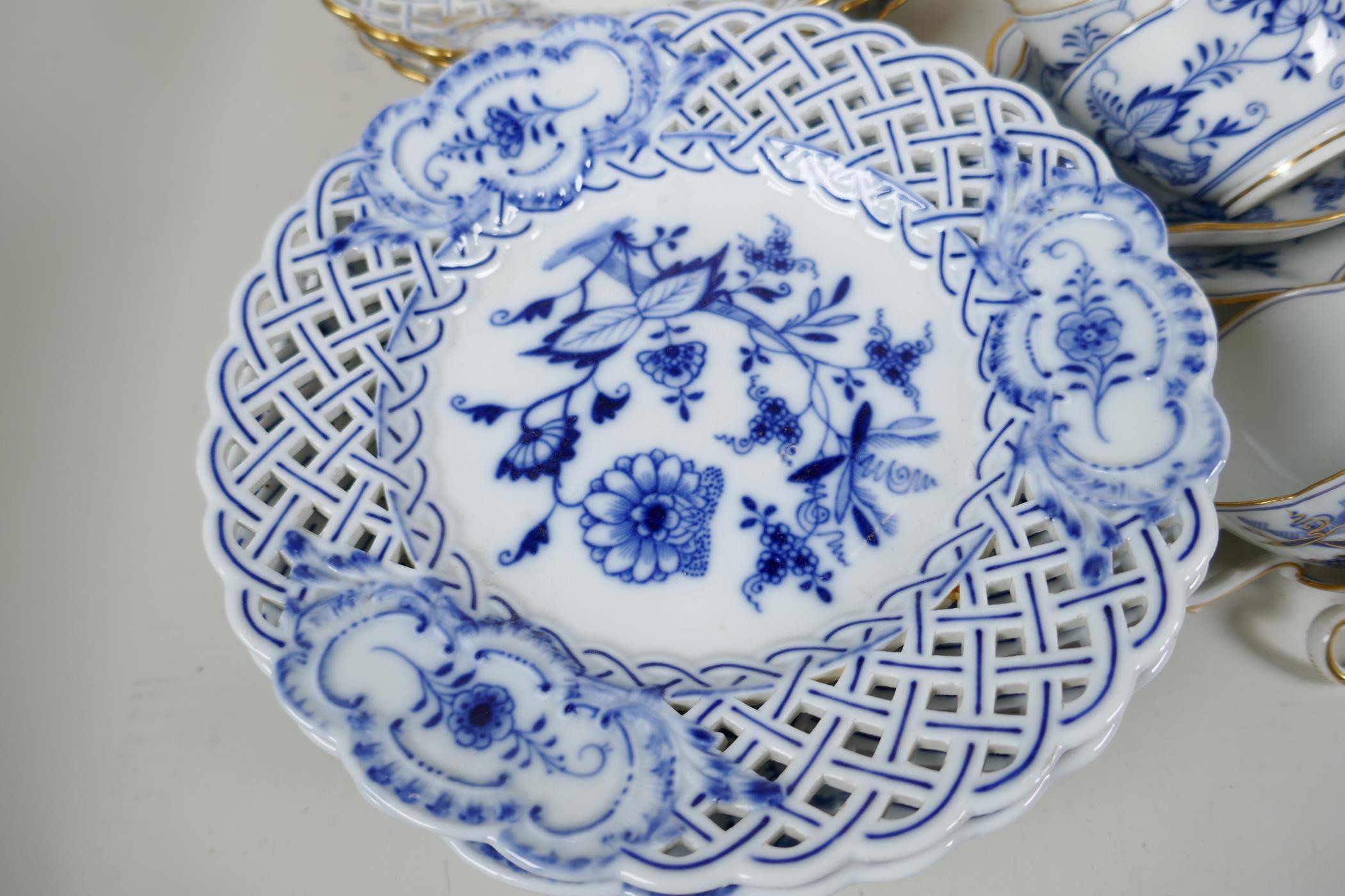 A part service of Meissen Onion pattern tea and dinner ware to include pierced rim plates, gravy - Image 6 of 8