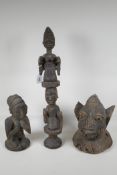 Three African Yoruba tribe wood carvings of a kneeling female figure, a figural totem/staff and head