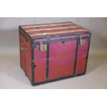 A metal strapped steamer trunk with wood slatted top, early C20th, 31" x 22" x 25"