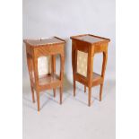 A pair of French parquetry lamp tables, with pull up screens and frieze drawer, the undertier with