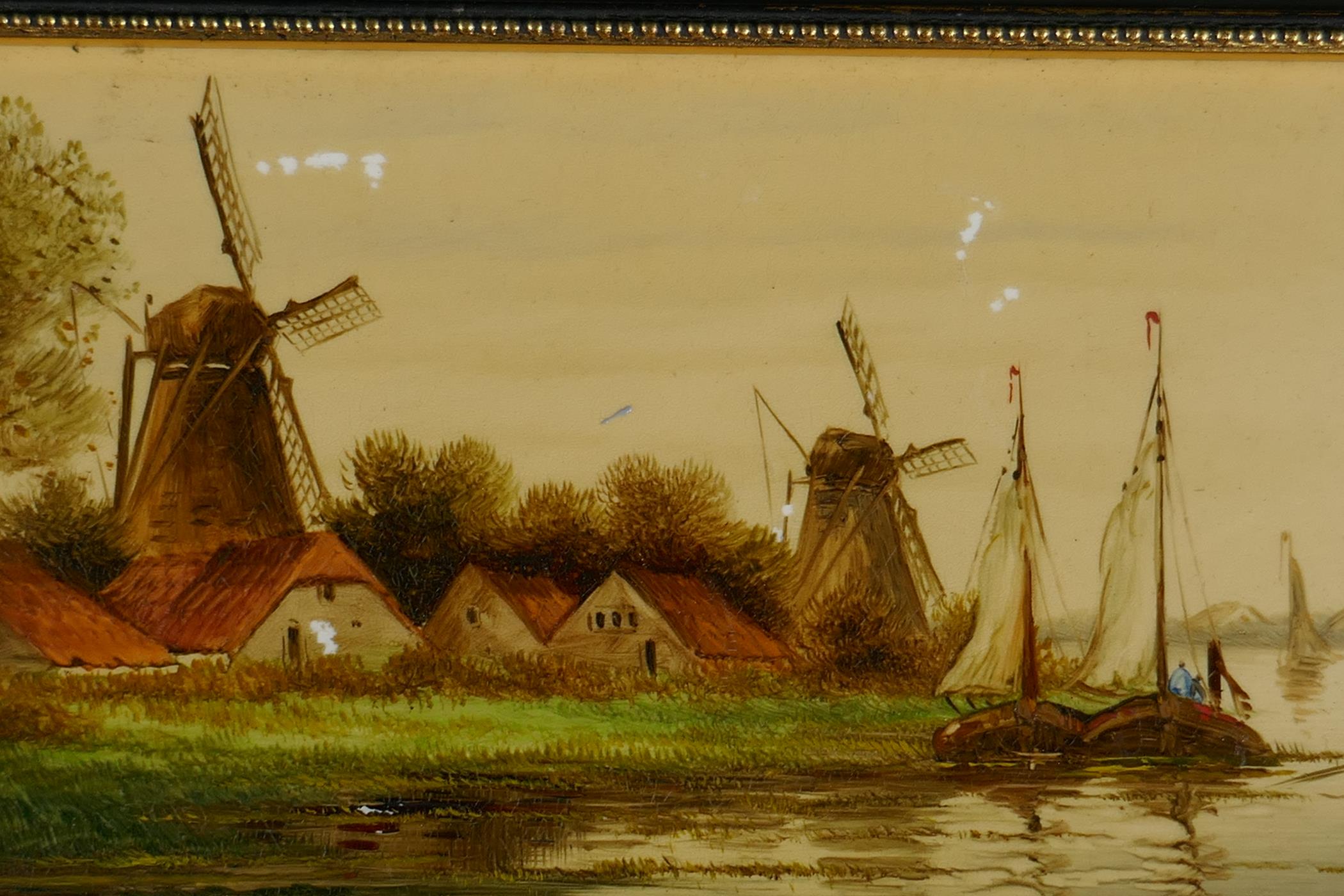 In the manner of Thomas Christopher Hofland, painting on porcelain, Dutch riverside landscape, 9½" x - Image 2 of 4