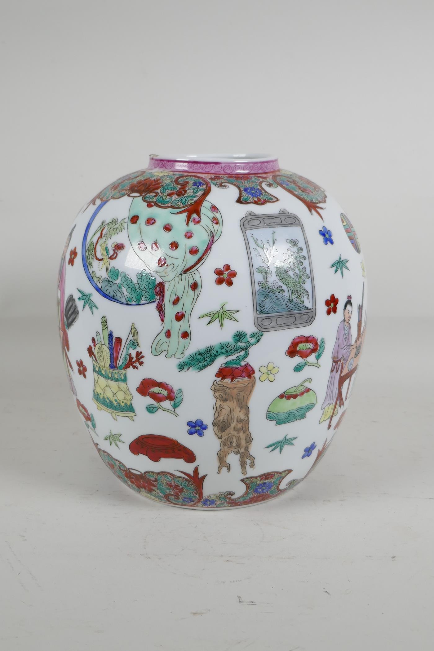 A Chinese polychrome porcelain jar, decorated with scribes in an interior, Seal mark to base, 8½" - Image 2 of 5