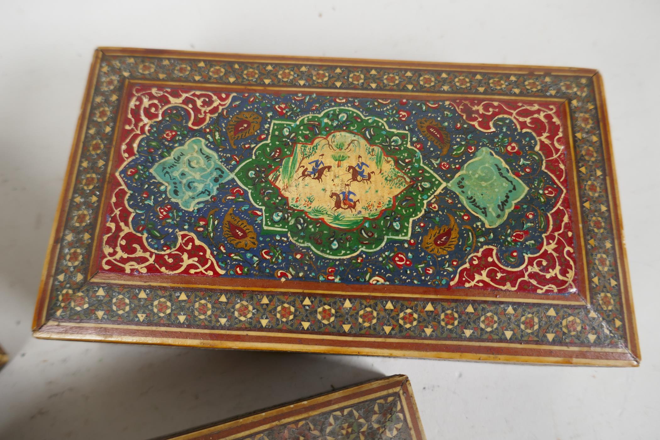 Four middle eastern micro mosaic cigarette boxes with painted covers, longest 6" x 3" x 2" - Image 4 of 4