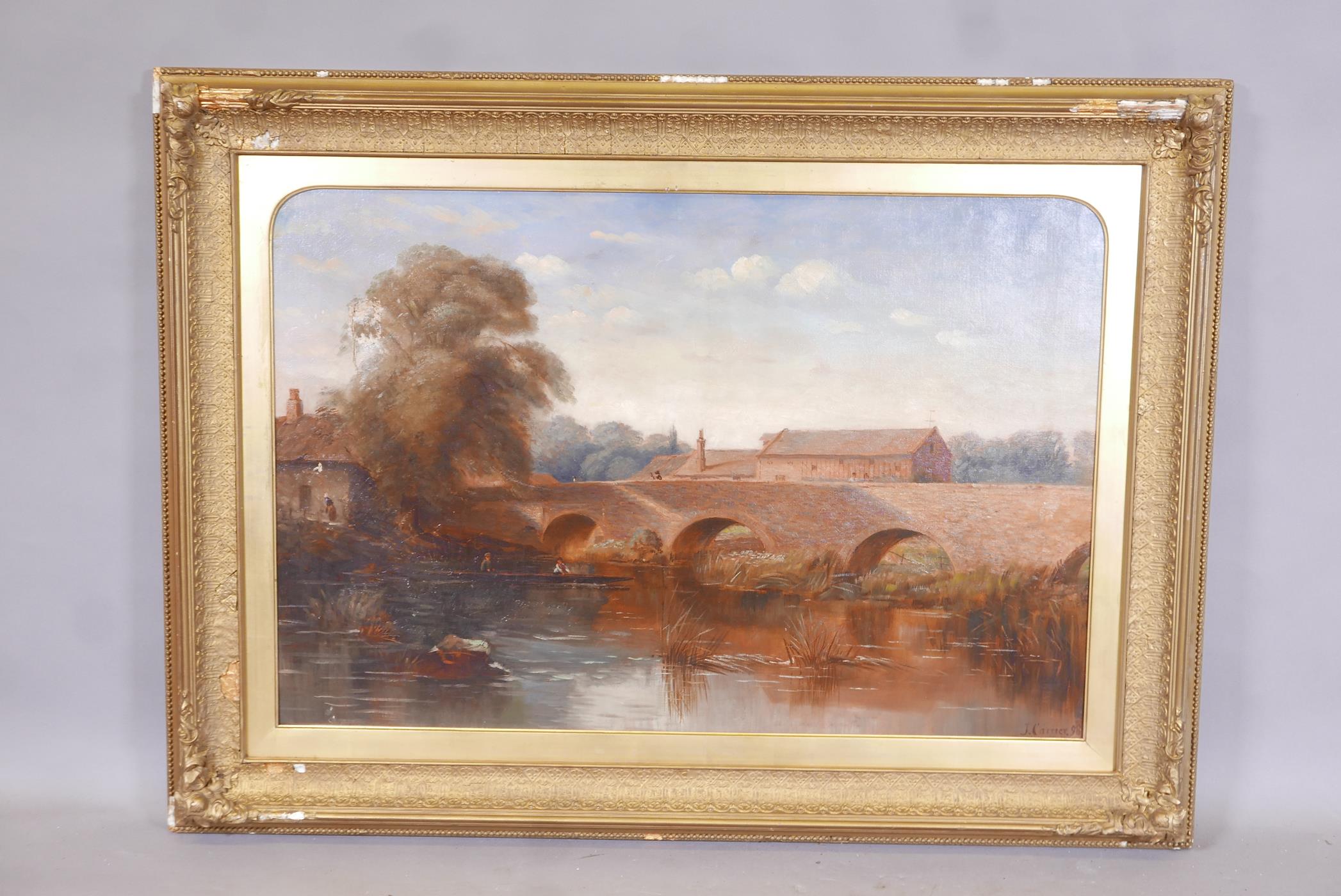 J. Carrier, C19th oil on canvas, bridge over a river, dated (18)98, A/F, 36" x 24" - Image 2 of 7