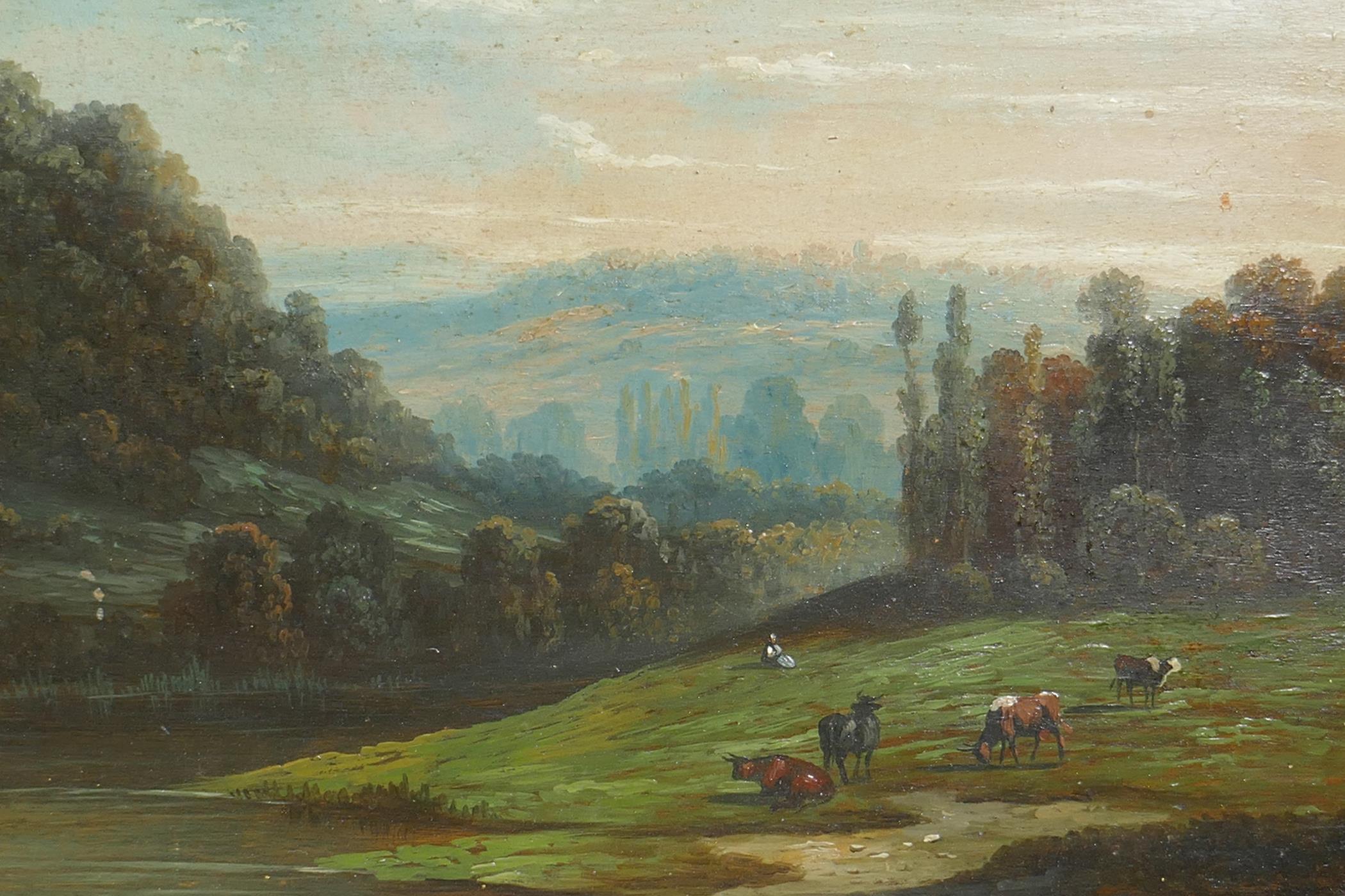 A pair of late C18th/early C19th classical landscape scenes, oil on poplar wood, 13" x 9" - Image 3 of 5