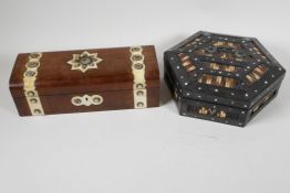 A C19th hexagonal quillwork trinket box, and a C19th rosewood glove box, with bone and mother of