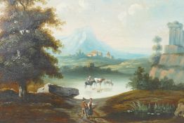 A pair of late C18th/early C19th classical landscape scenes, oil on poplar wood, 13" x 9"