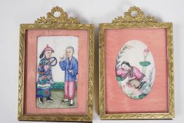 A Chinese miniature painting on rice paper, portrait of a dream girl and another of two boys, both