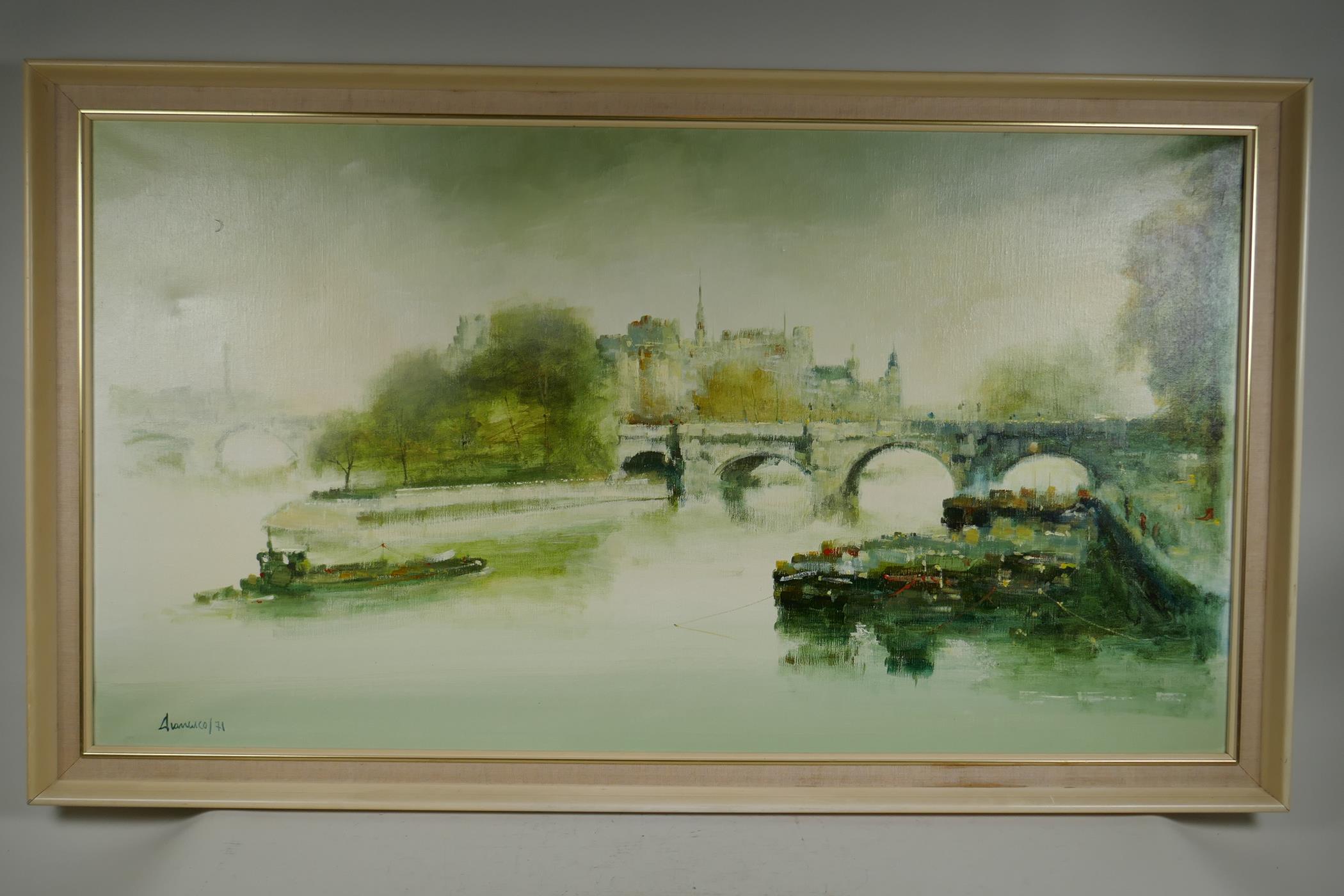 A Parisian river scene with a view of Notre Dame across the Seine, oil on canvas, 40" x 22" - Image 2 of 3